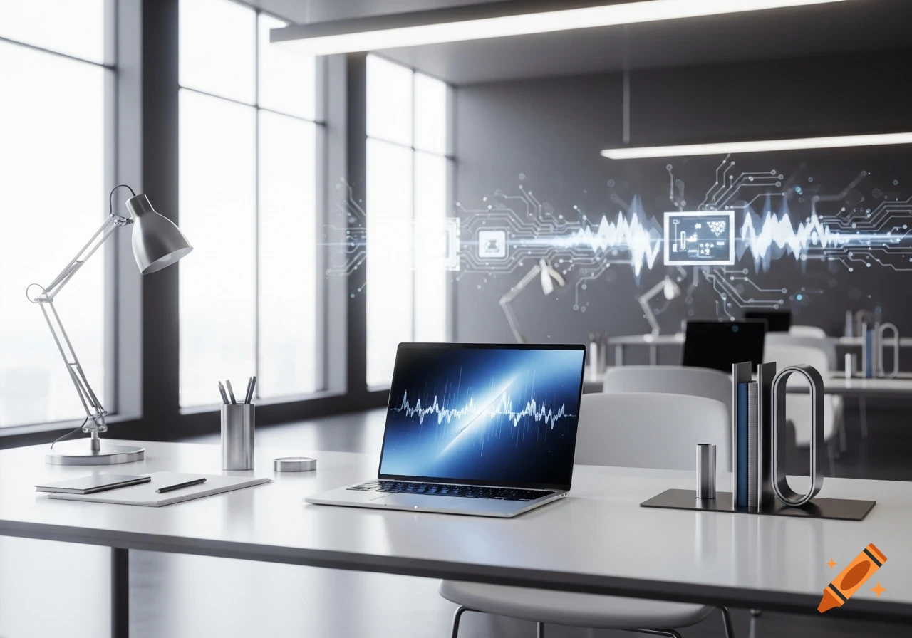 Photorealistic image of a modern office workspace with a silver laptop showing a sound wave, desk lamp, and bookends on a white desk.