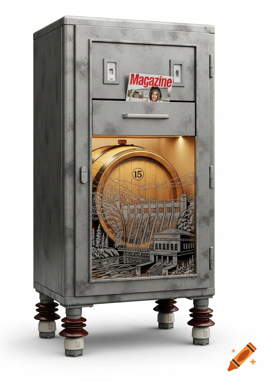 A stylized gray metal cabinet on insulator feet, featuring a 'Magazine' in a drawer, a wooden beer barrel marked '15' inside, and an engraved dam with a hydroelectric plant on the door.