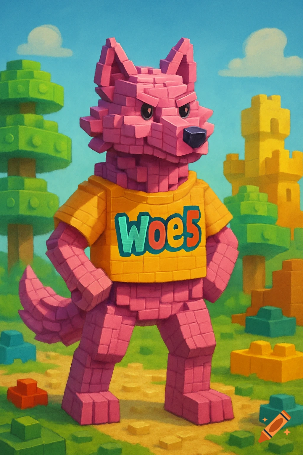 Pink LEGO wolf in a yellow Woe5 shirt stands in a blocky landscape with trees and a castle.