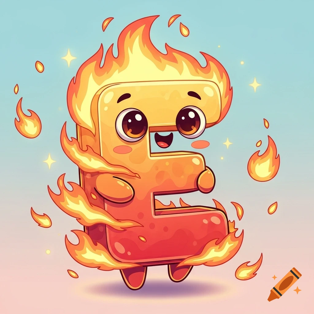 A cute, smiling, anthropomorphic cartoon letter E with large eyes, engulfed in stylized orange and yellow flames, on a light blue to pink gradient background.