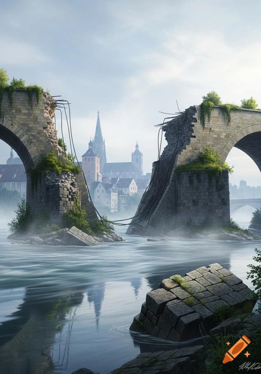 Photorealistic image of a collapsed stone arch bridge over a river, with a historic city in a misty background.