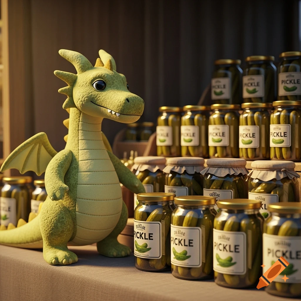 A greenish-yellow plush dragon stands smiling next to a display of pickle jars at a market.