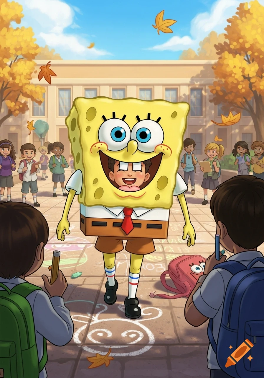 A cartoon illustration of a child in a Spongebob costume walking through a schoolyard with other children and autumn leaves.