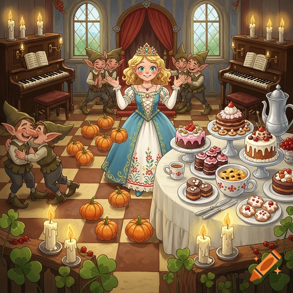 A cartoon princess in a blue dress stands in a lavish hall, surrounded by happy elves, pumpkins, and a table laden with cakes and treats.