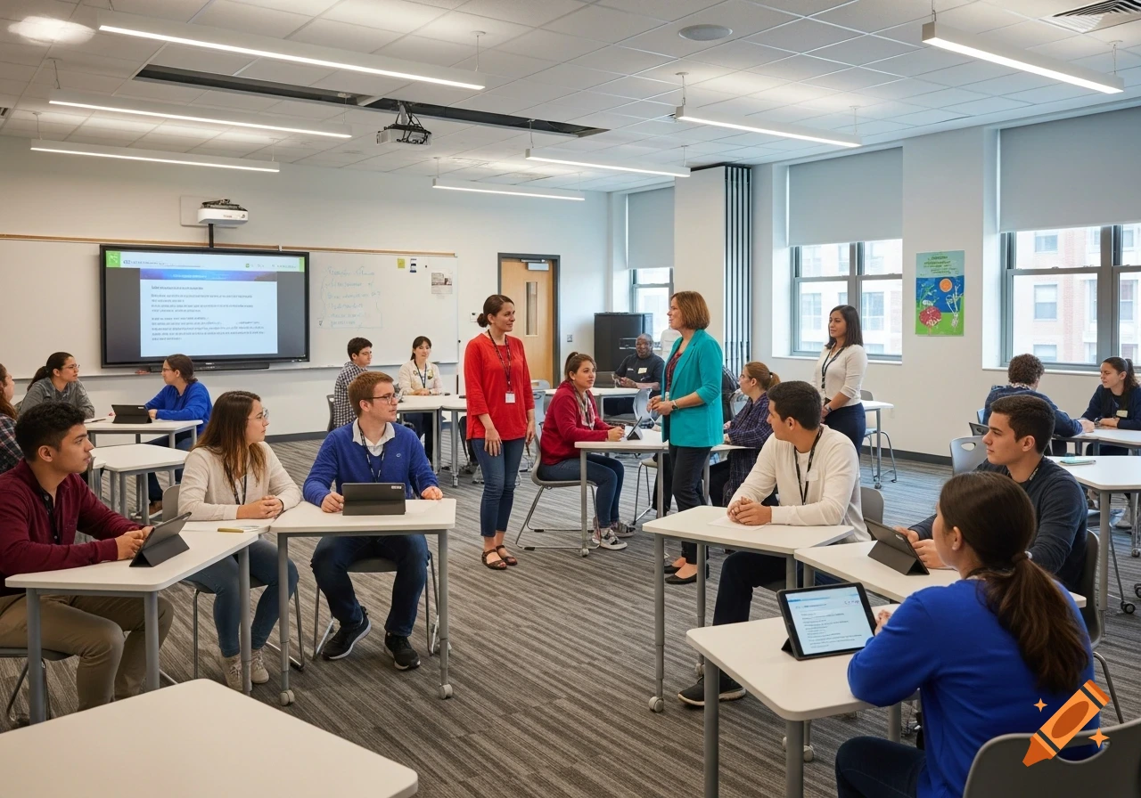 A diverse group of students and teachers in a bright, modern university classroom with desks and an interactive whiteboard.