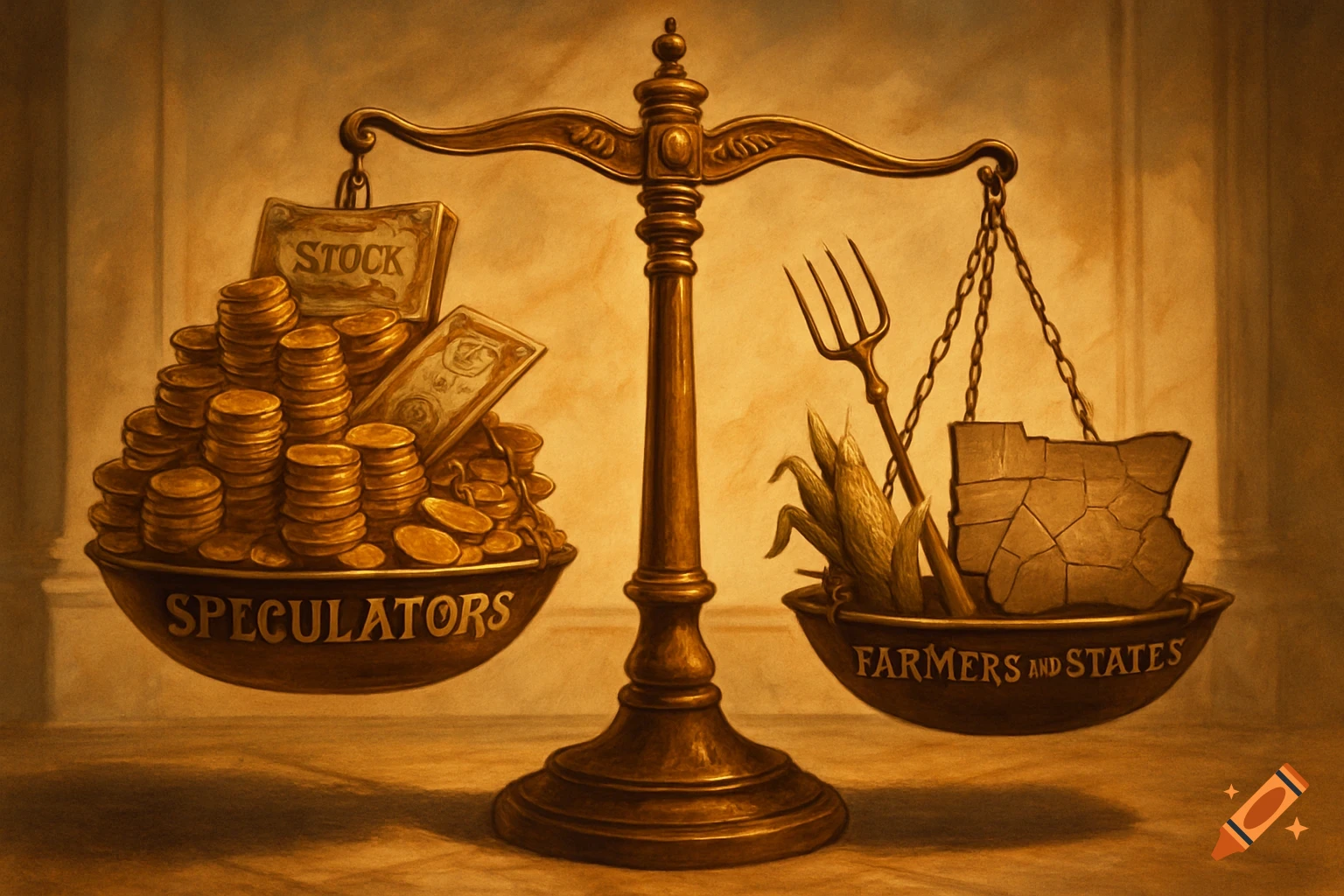 Sepia illustration of a bronze scale: one side heavy with gold and 'STOCK' for 'SPECULATORS'; the other has a pitchfork, corn, and map for 'FARMERS AND STATES'.