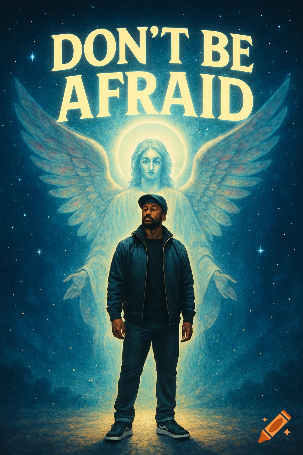A man stands before a glowing angel against a starry night sky with "DON'T BE AFRAID" text, in an album cover style.