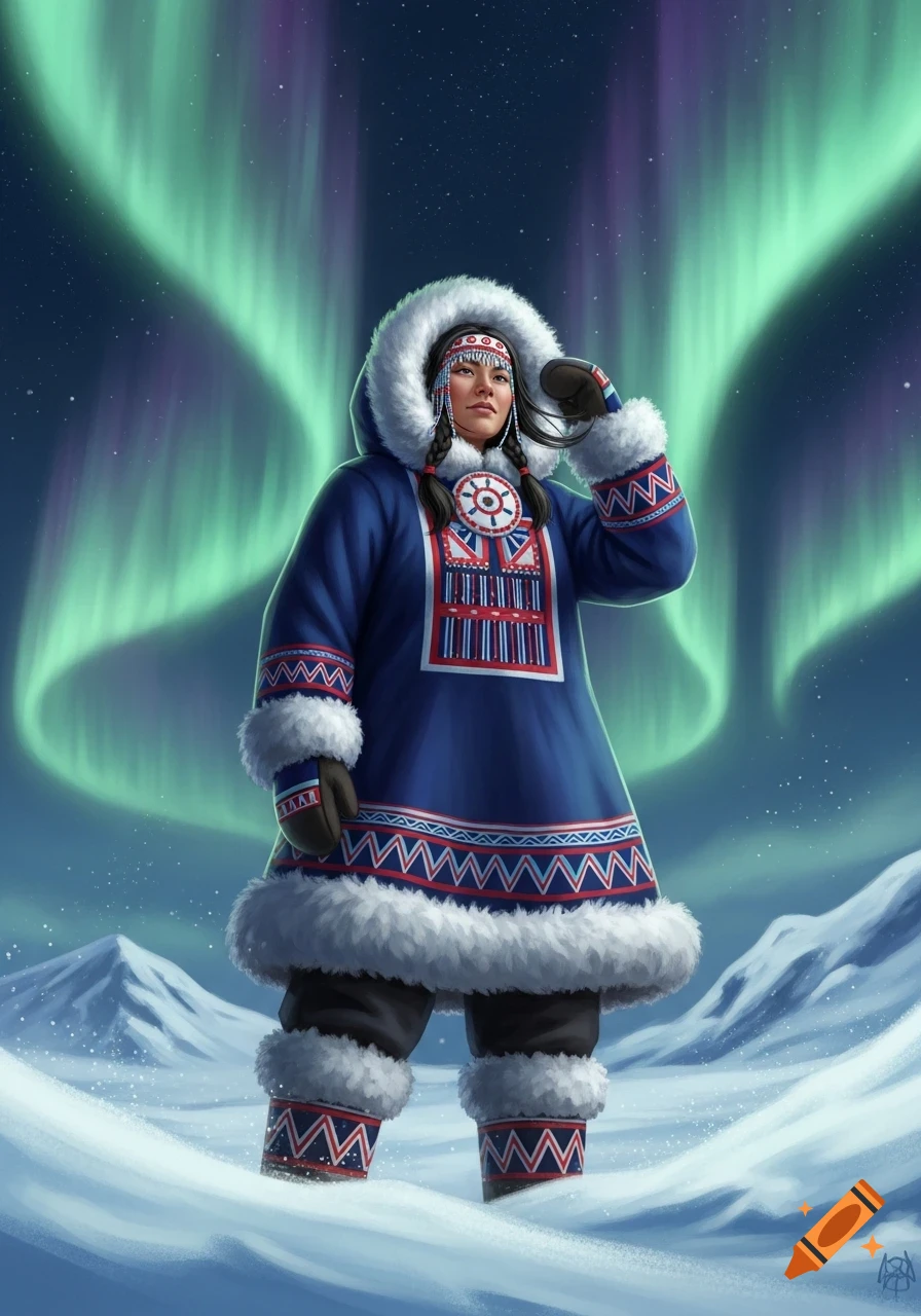 An illustrated woman in blue and white fur-lined traditional arctic clothing stands in a snowy landscape under green aurora borealis.