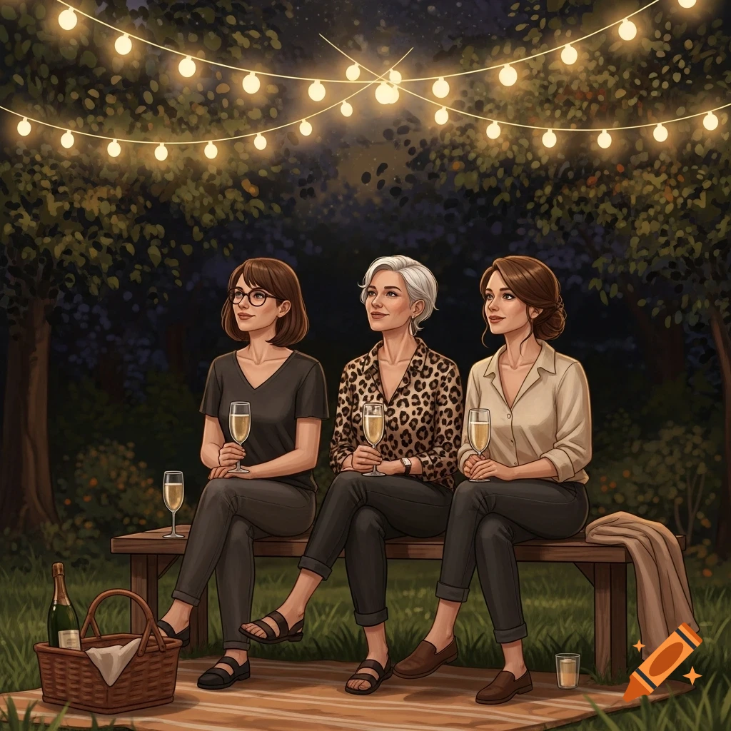 Three illustrated women sit on a bench outdoors at night, holding champagne under string lights, next to a picnic basket.