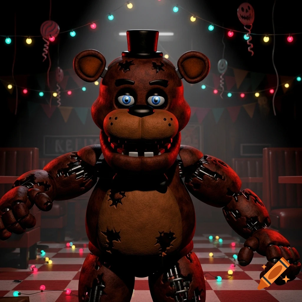 A brown animatronic bear with blue eyes and a top hat stands in a dark party room with colorful lights and a checkered floor.