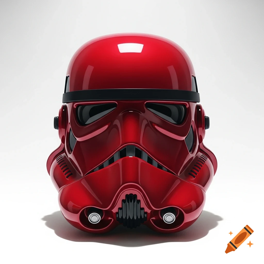 A shiny red stormtrooper helmet against a plain white background, rendered in a photorealistic 3D style.