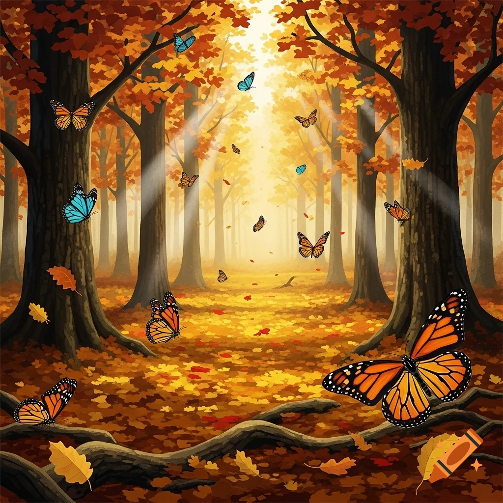Stylized illustration of an autumn forest with orange leaves and sunbeams, numerous monarch and blue butterflies flying.