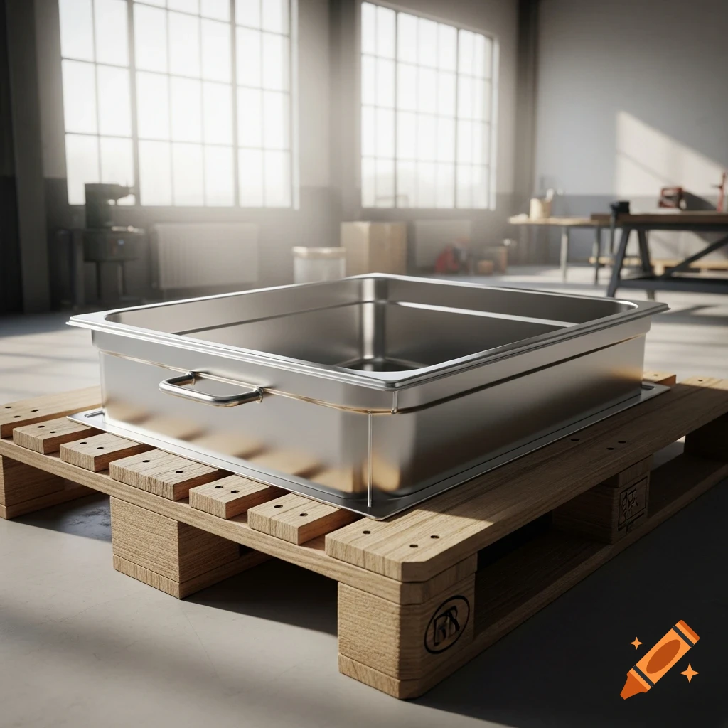 A large, rectangular stainless steel tray with handles sits on a wooden pallet in a sunlit industrial warehouse setting.