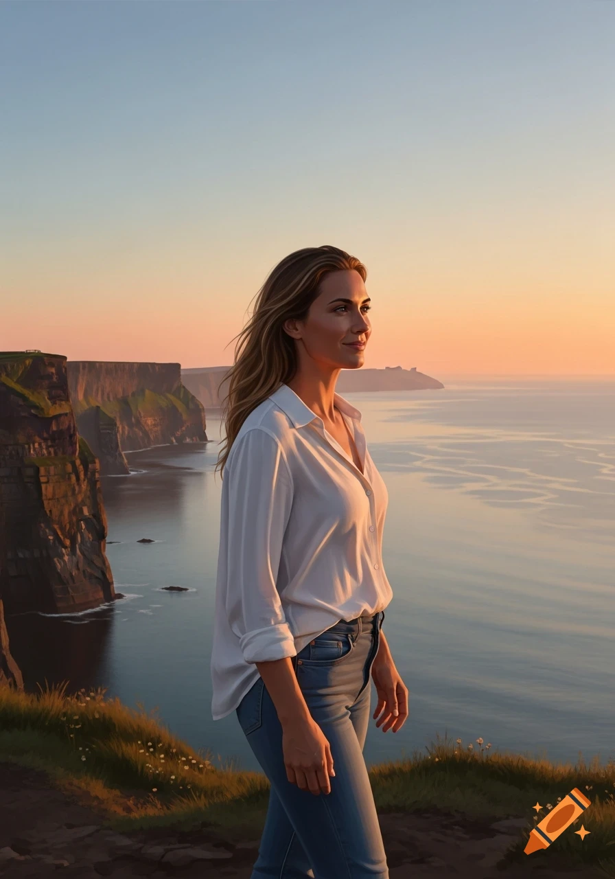 Realistic digital painting of a woman in a white shirt and jeans on a cliff overlooking the ocean at sunrise.