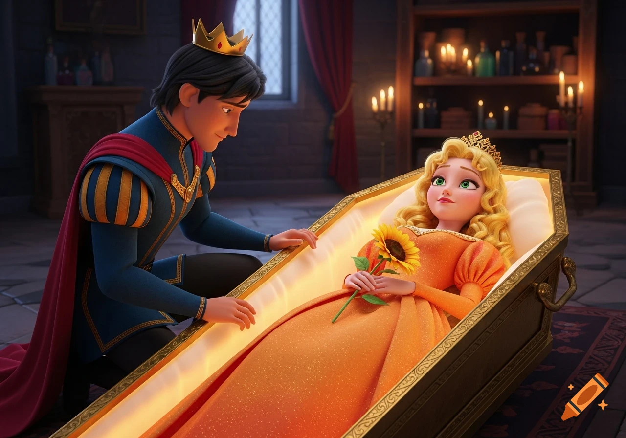 A Disney 3D animation of a prince kneeling beside an unconscious princess in a glowing golden coffin, holding a sunflower in a magical room.