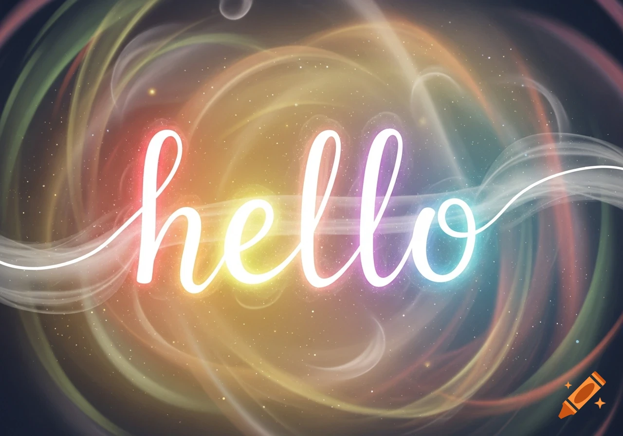 Glowing, colorful cursive text 'hello' on an abstract background of swirling light and faint stars.