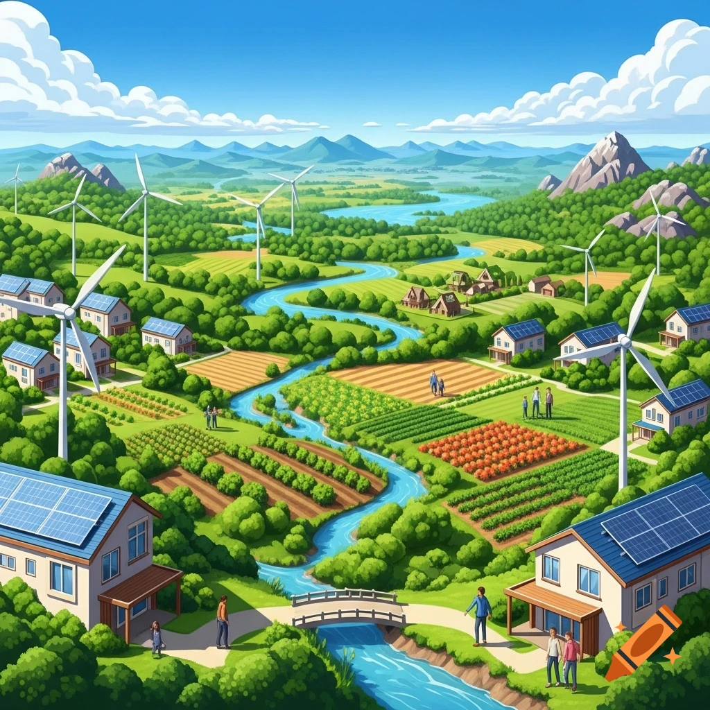 Illustrated landscape with sustainable energy and farming: houses with solar panels, wind turbines, cultivated fields, a river, and mountains.