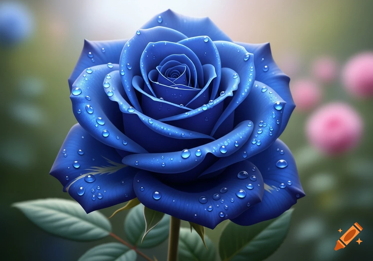A vibrant blue rose covered in glistening water droplets, close-up, with a blurred green and pink background.