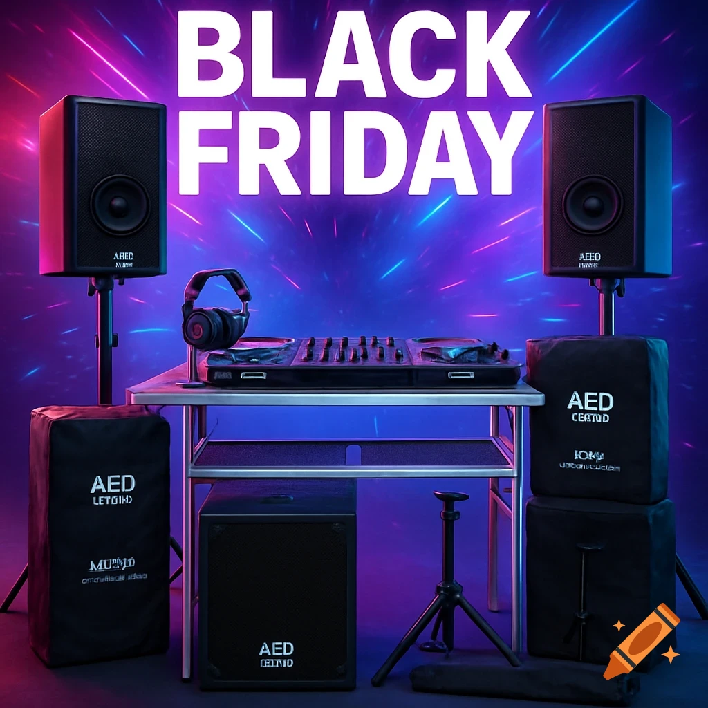 A Black Friday promotional image featuring DJ equipment, including two large speakers, a DJ mixer, headphones, and various audio equipment bags and a subwoofer, all set against a vibrant purple and blue background with neon light streaks.