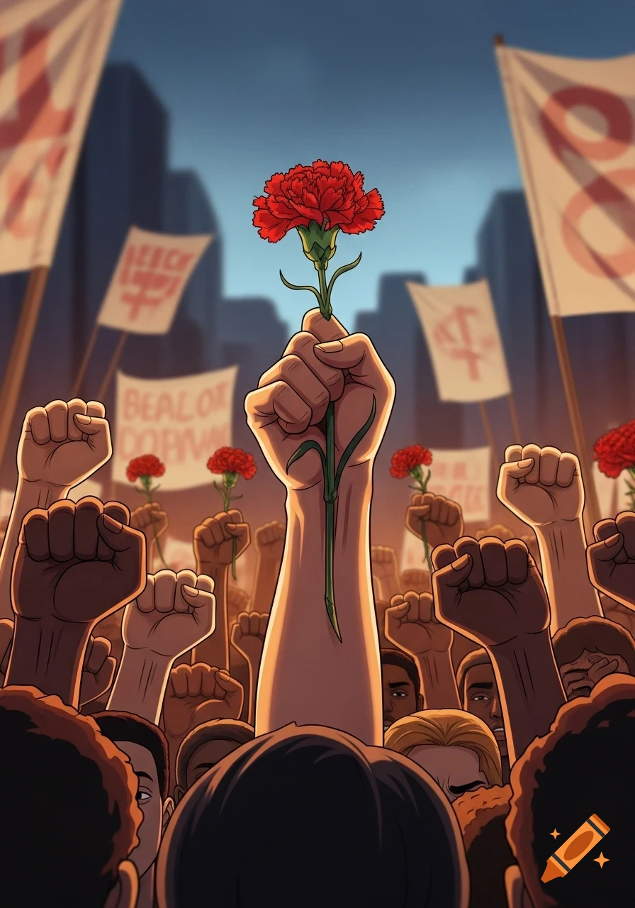 Illustrated protest scene with a central hand holding a red carnation, surrounded by many raised fists and banners.