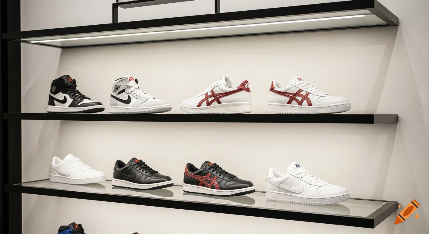 A collection of premium designer sneakers, including black and white Jordans, and white and black Asics-style shoes with red accents, displayed on sleek illuminated shelves in a high-end store.