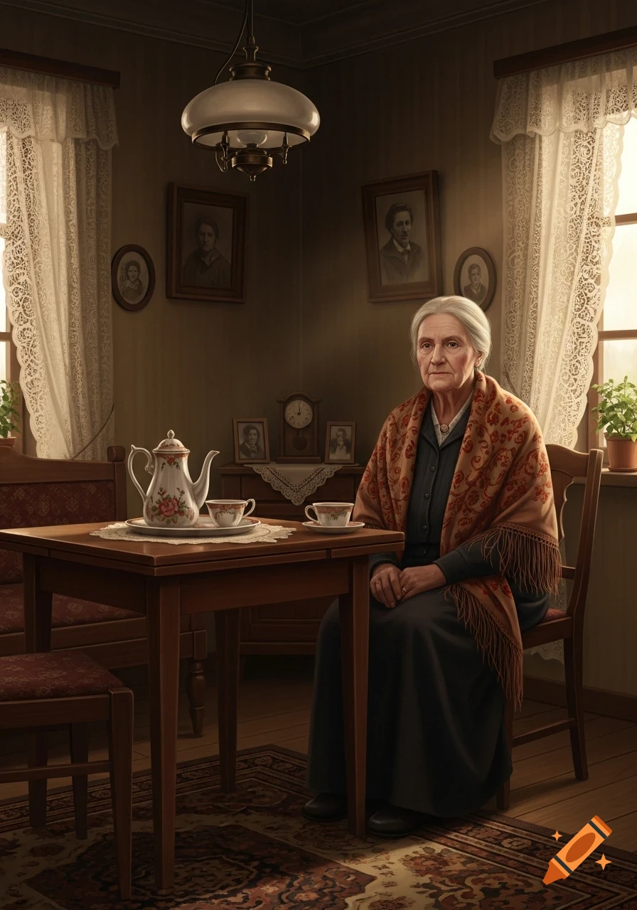 Photorealistic portrait of a grey-haired old woman with a shawl, sitting at a wooden table with a tea set in a dimly lit, old-fashioned room.