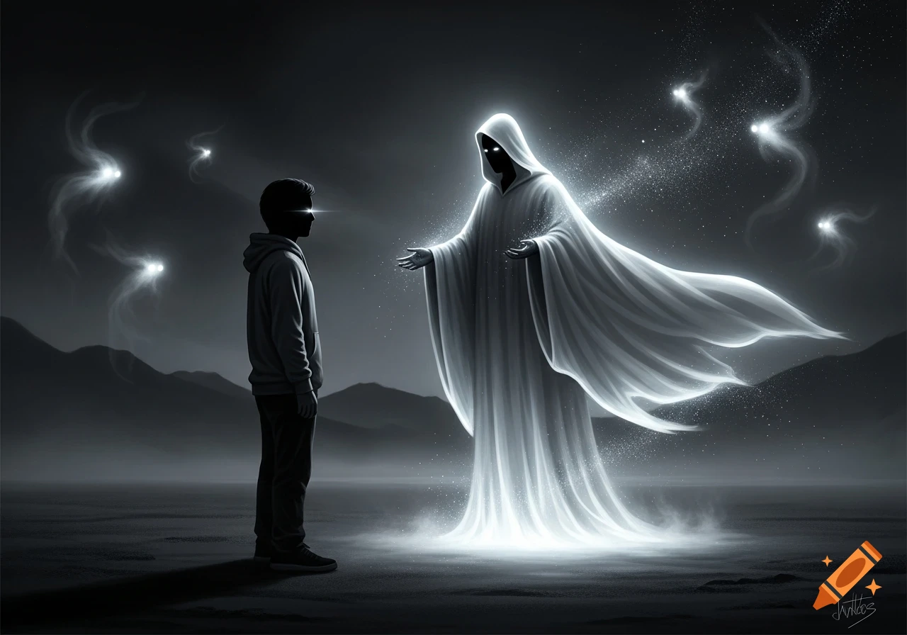 A boy faces a glowing, hooded figure in a desolate, dark landscape with swirling spirits, rendered in black and white.