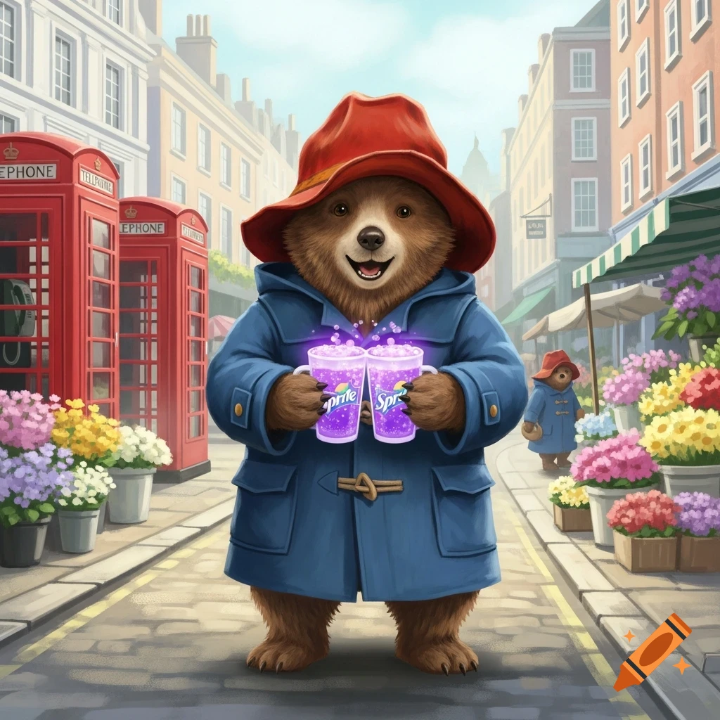 Paddington Bear in a blue coat and red hat holds two glowing purple "Sprite" cups on a busy London street with red phone booths and flower stalls.