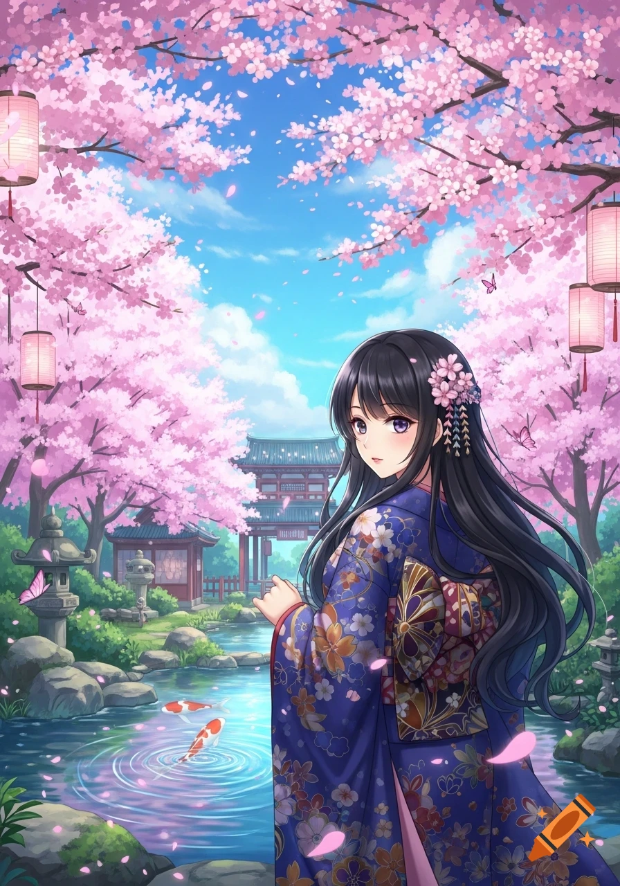 An anime girl in a blue floral kimono looks over her shoulder in a vibrant Japanese garden with cherry blossoms, a pond with koi fish, and lanterns.