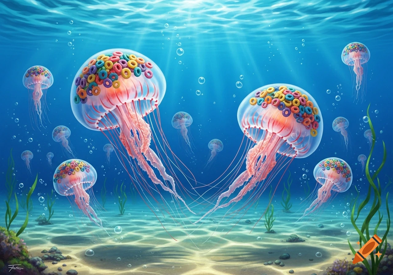 A vibrant underwater scene features several translucent jellyfish with colorful cereal loops inside their bells, illuminated by sun rays.