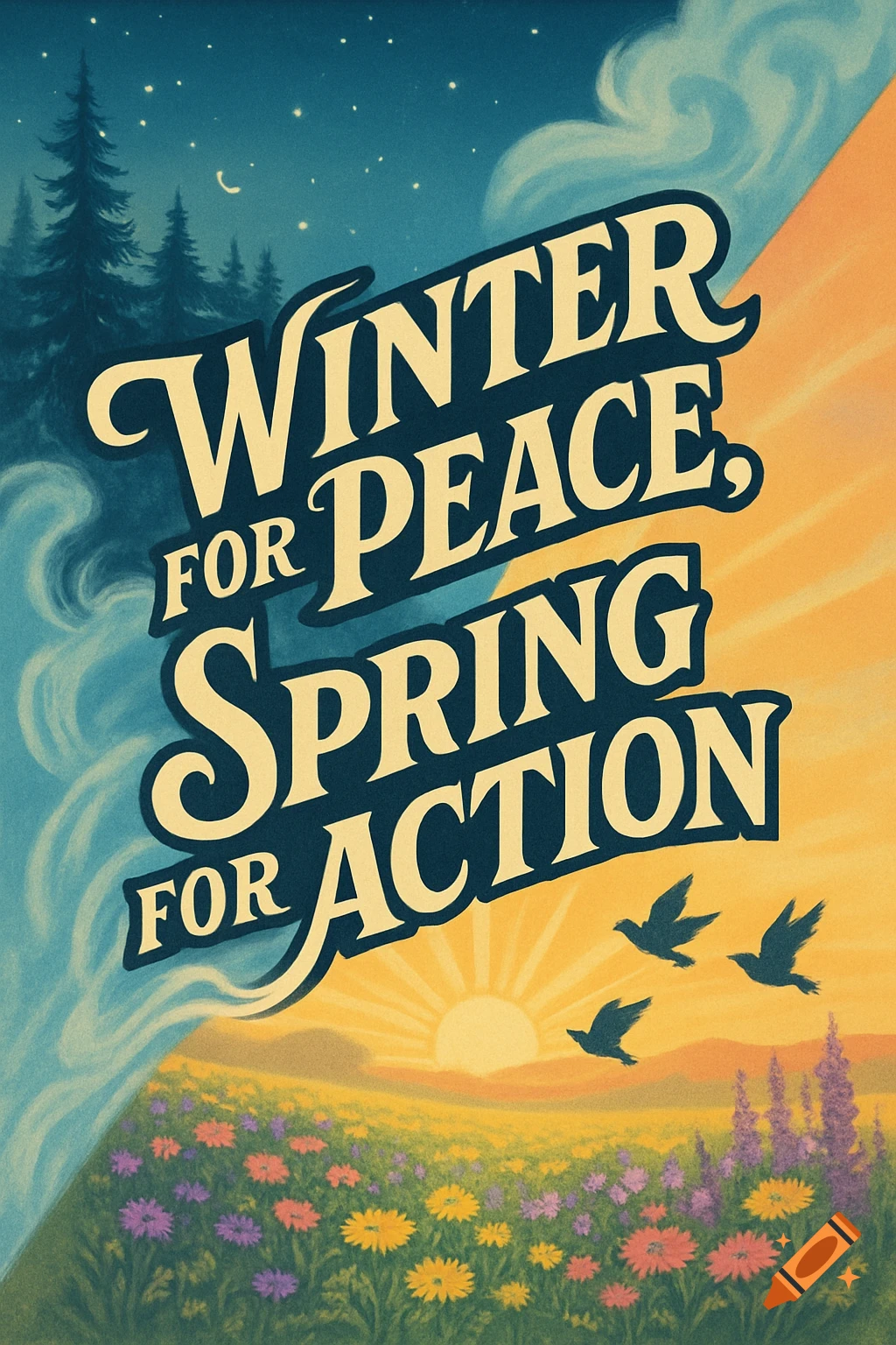 Vintage-style poster splitting a winter night forest and a sunny spring meadow with the quote "WINTER FOR PEACE, SPRING FOR ACTION".