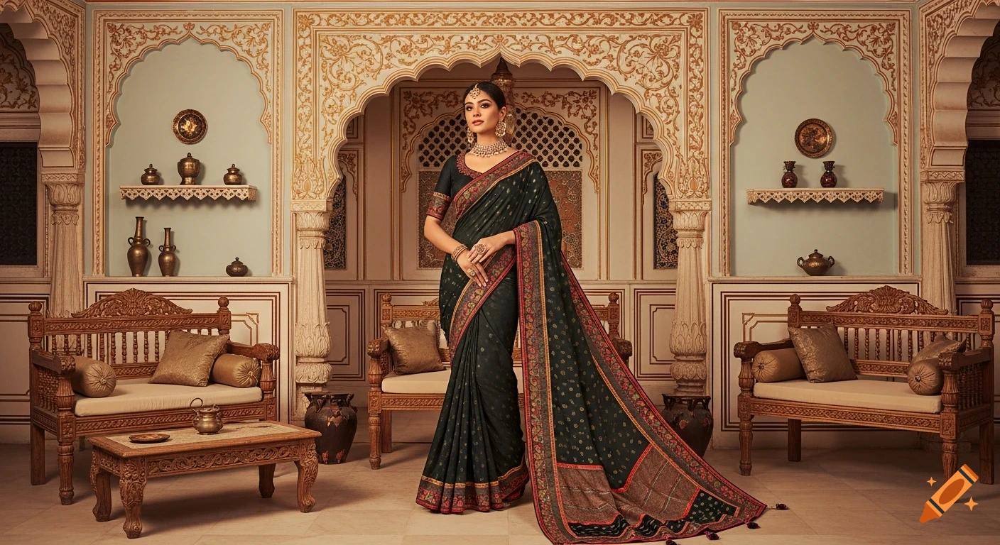 Photorealistic image of a woman in a dark green saree posing in an elegant royal Indian palace interior with carved wooden furniture.