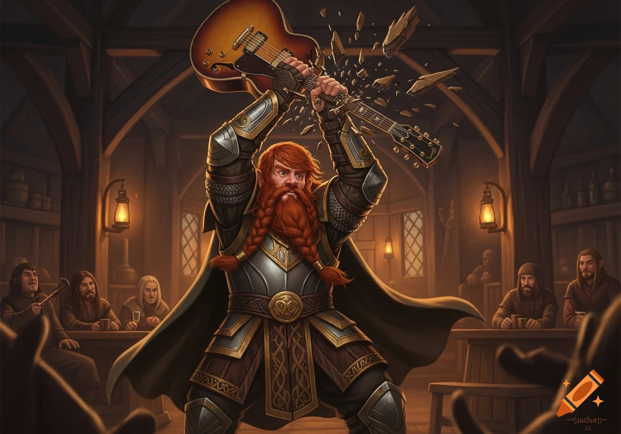 A red-bearded dwarf in armor breaks an electric guitar over his head in a tavern as patrons watch, fantasy art style.