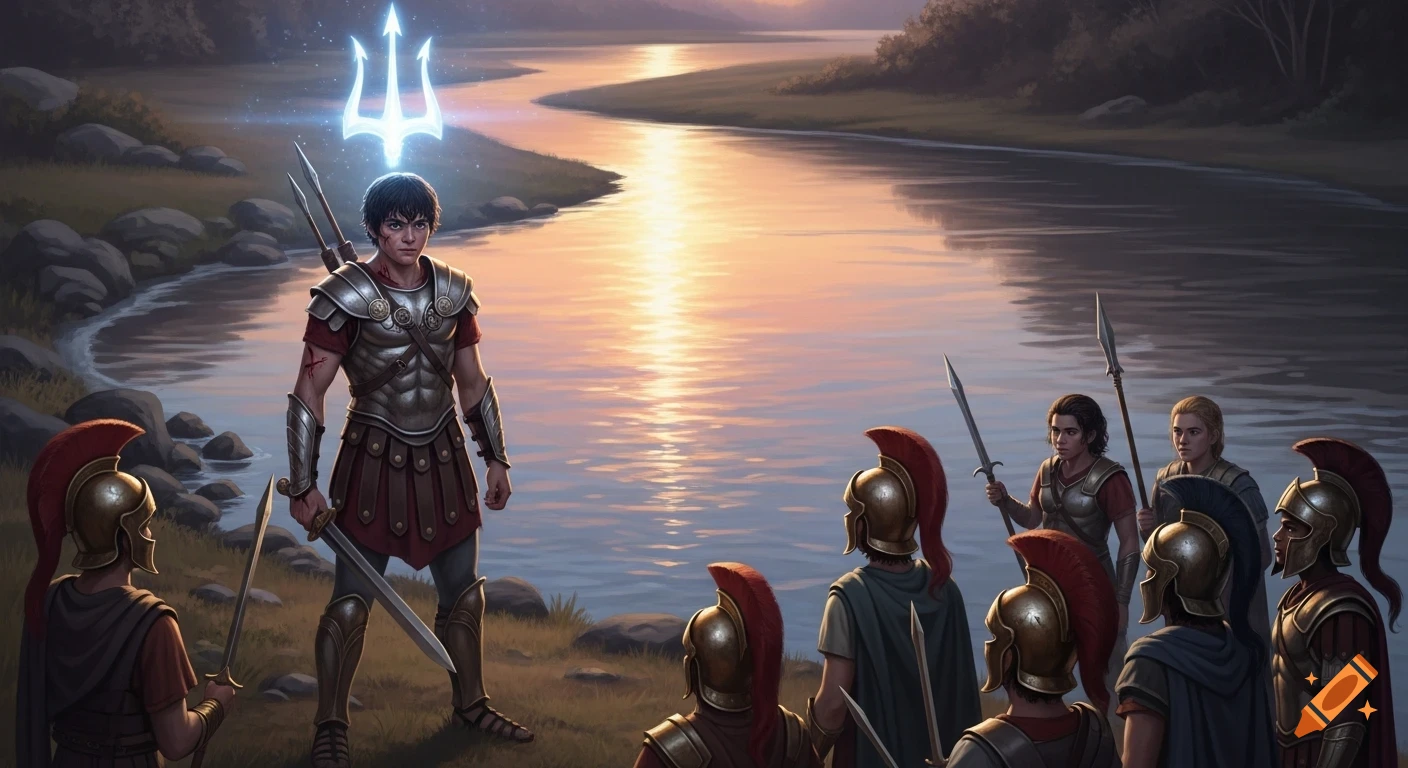 Percy Jackson in Greek armor stands by a river with a glowing trident above his head, facing other armored kids at sunset.