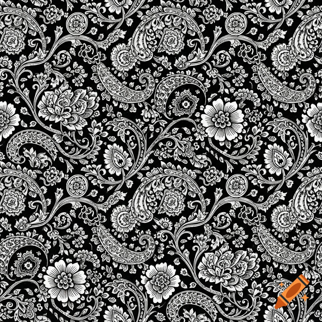 A seamless black and white Victorian pattern featuring intricate floral and paisley designs.