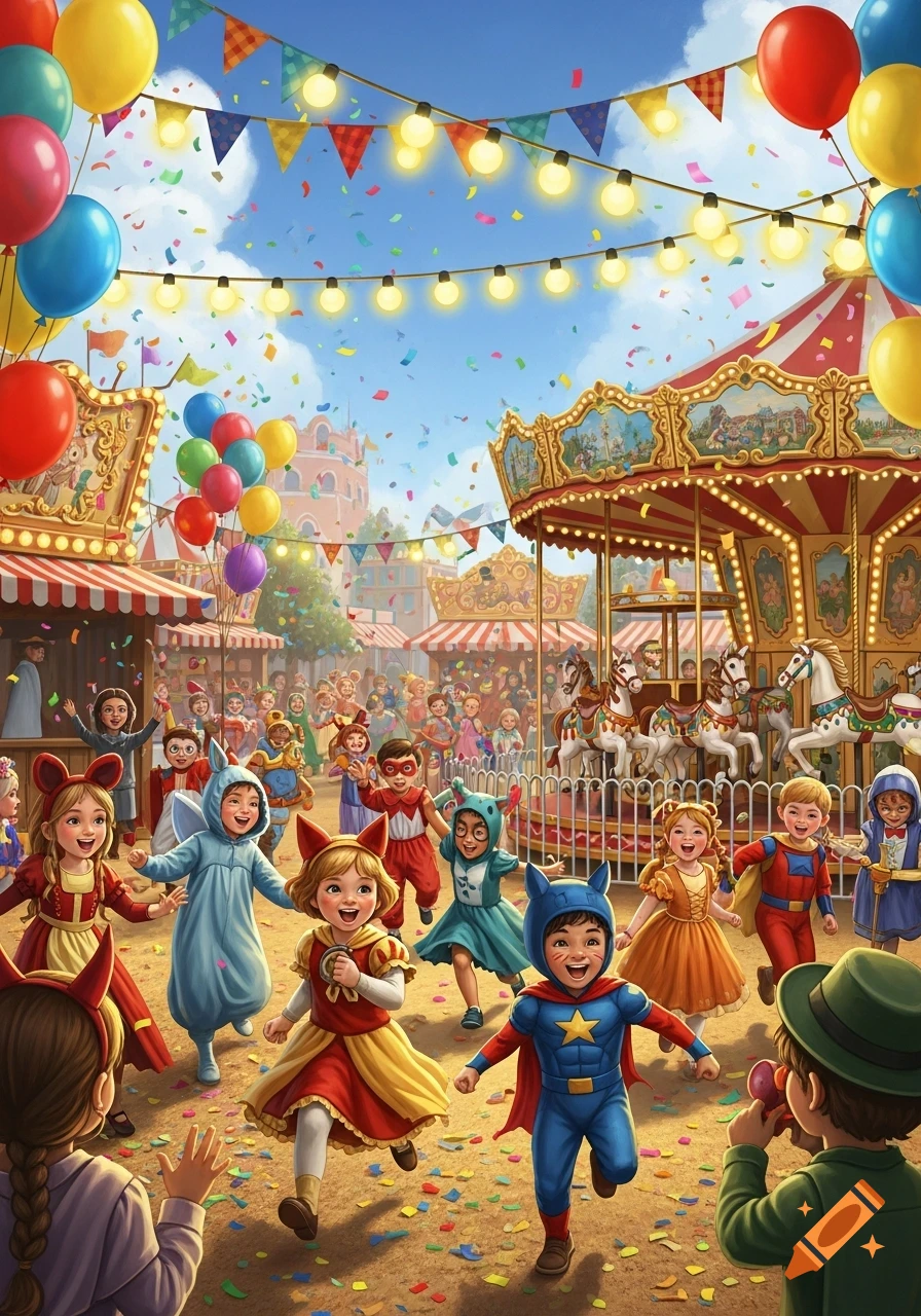 Joyful children in costumes run through a vibrant carnival with confetti, balloons, and a carousel. Costumes include superhero, rabbit, and mouse.
