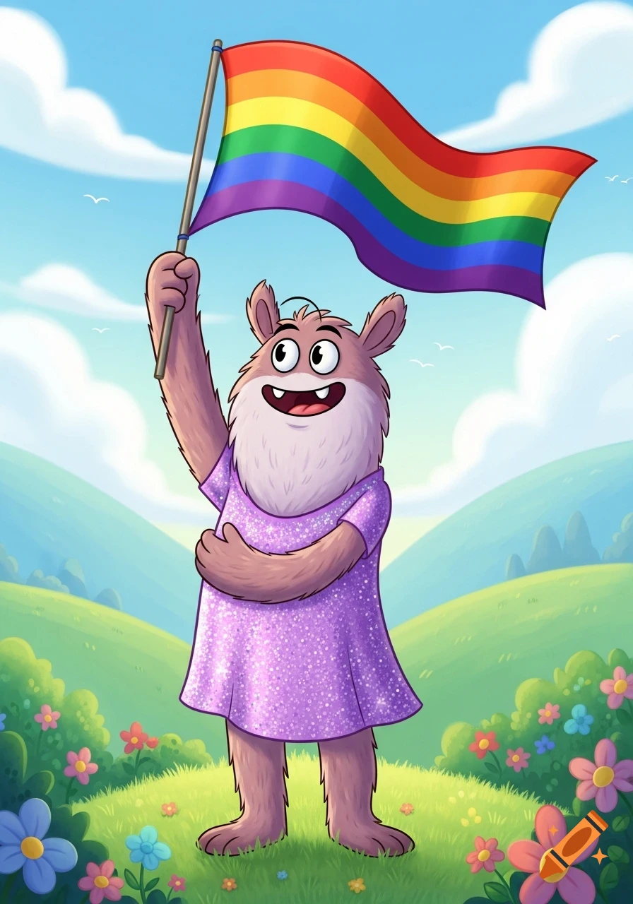 A friendly cartoon monster in a sparkly purple dress holds a rainbow pride flag in a vibrant, flowery landscape under a blue sky.