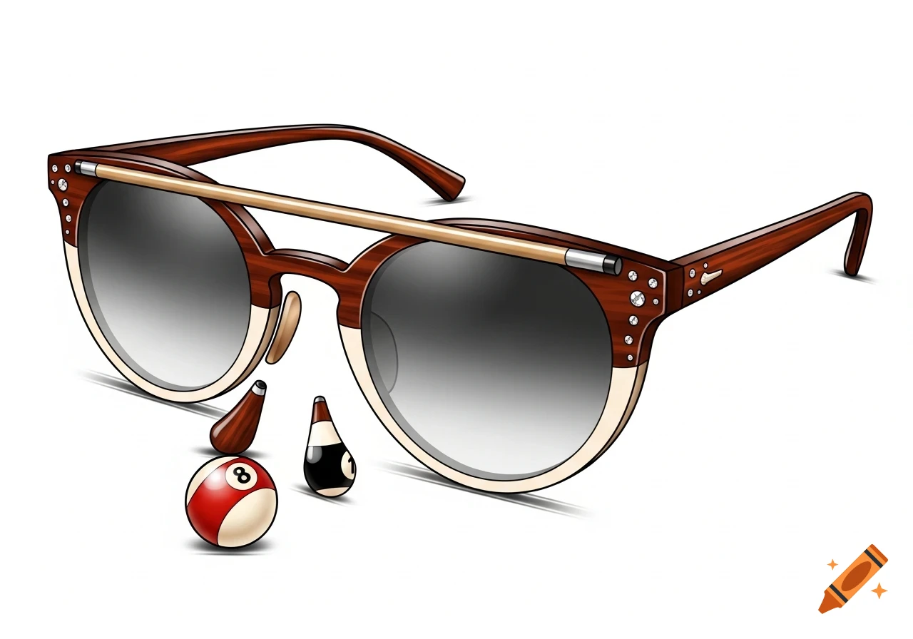 A design sketch of wood-patterned sunglasses with clear frames and a gold bar, alongside an 8-ball and 1-ball from billiards.