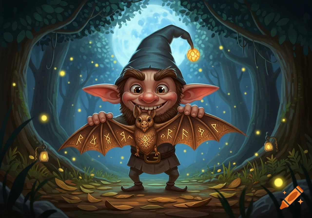 A grinning, cartoonish gnome with large ears and a pointed hat holds out a small wooden bat with rune-like carvings on its wings, standing in a magical forest under a full moon.