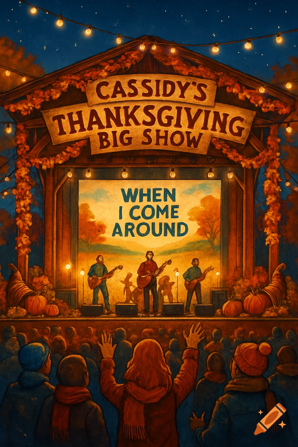 Painterly illustration of a lively outdoor Thanksgiving concert with a band on stage and an audience. Signs read "Cassidy's Thanksgiving Big Show" and "When I Come Around".