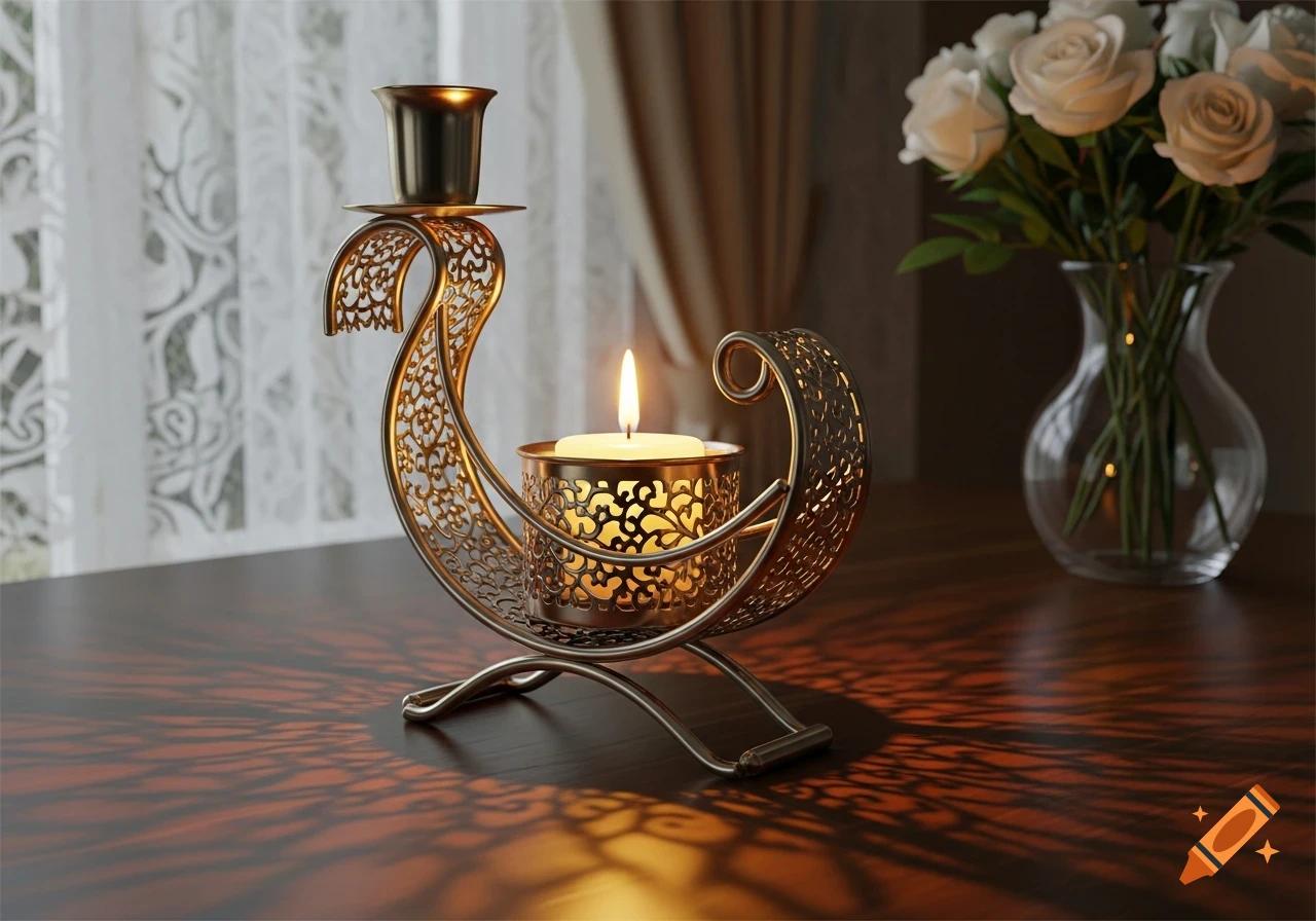 An ornate gold and silver metal candle holder with a lit candle, casting intricate shadows on a dark wooden table next to a vase of white roses.