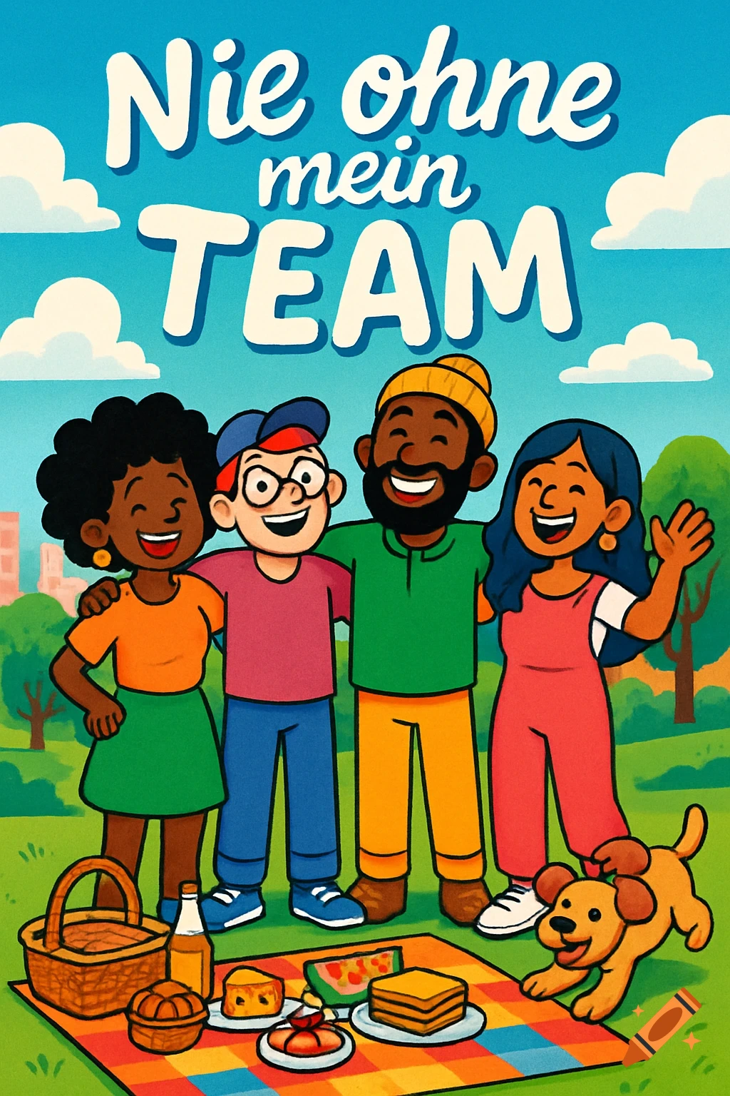 A colorful cartoon illustration of four diverse friends and a dog having a picnic in a park, with text that reads "Nie ohne mein TEAM" (Never without my team) in a blue sky.