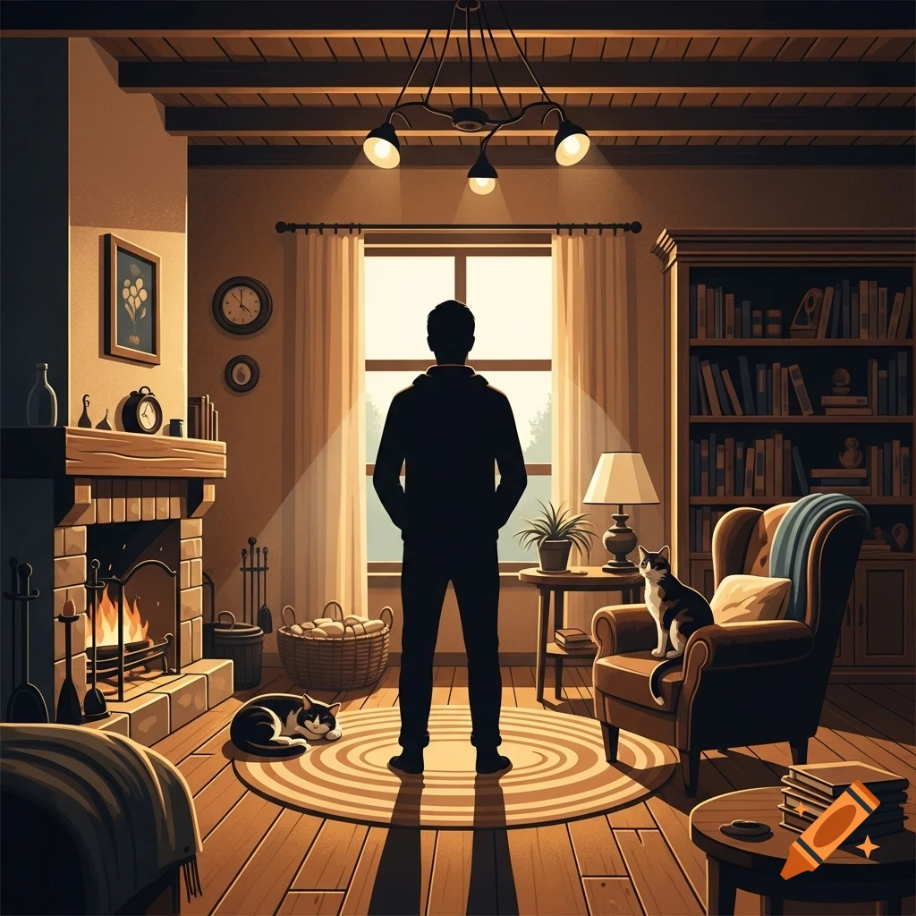 A man's silhouette stands in a warm, cozy living room with a fireplace, a bookshelf, and two cats, looking out a window.