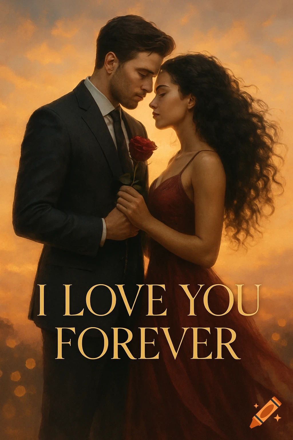 A romantic couple gazes lovingly at each other at sunset, with the man holding a red rose. Text reads 'I LOVE YOU FOREVER'.