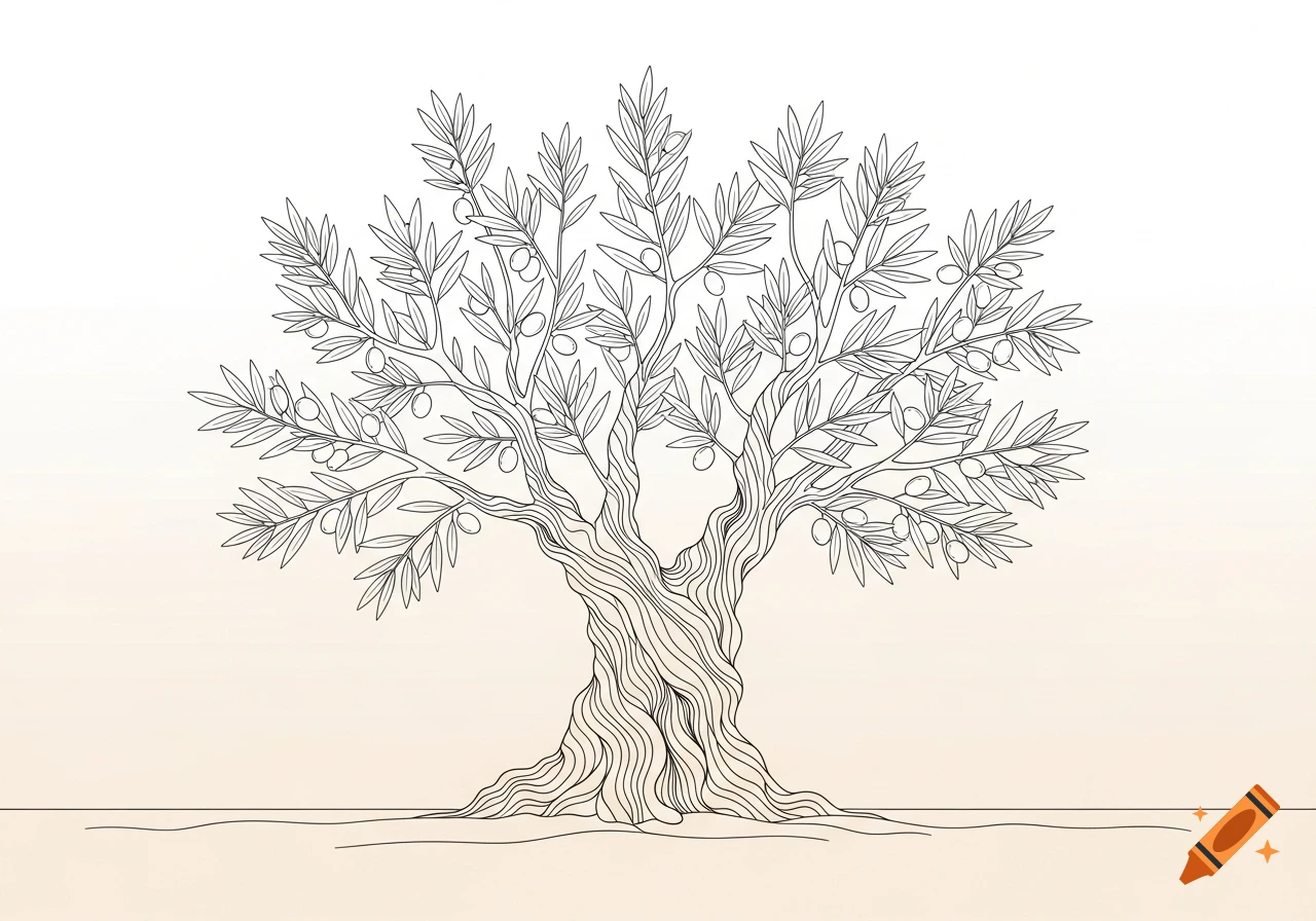 Minimalist line drawing of an olive tree with leaves and small olives on a light background.