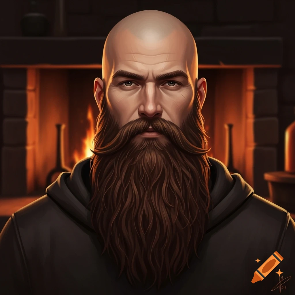 A close-up digital painting of a bald man with a long, thick dark brown beard in front of a warm fireplace.