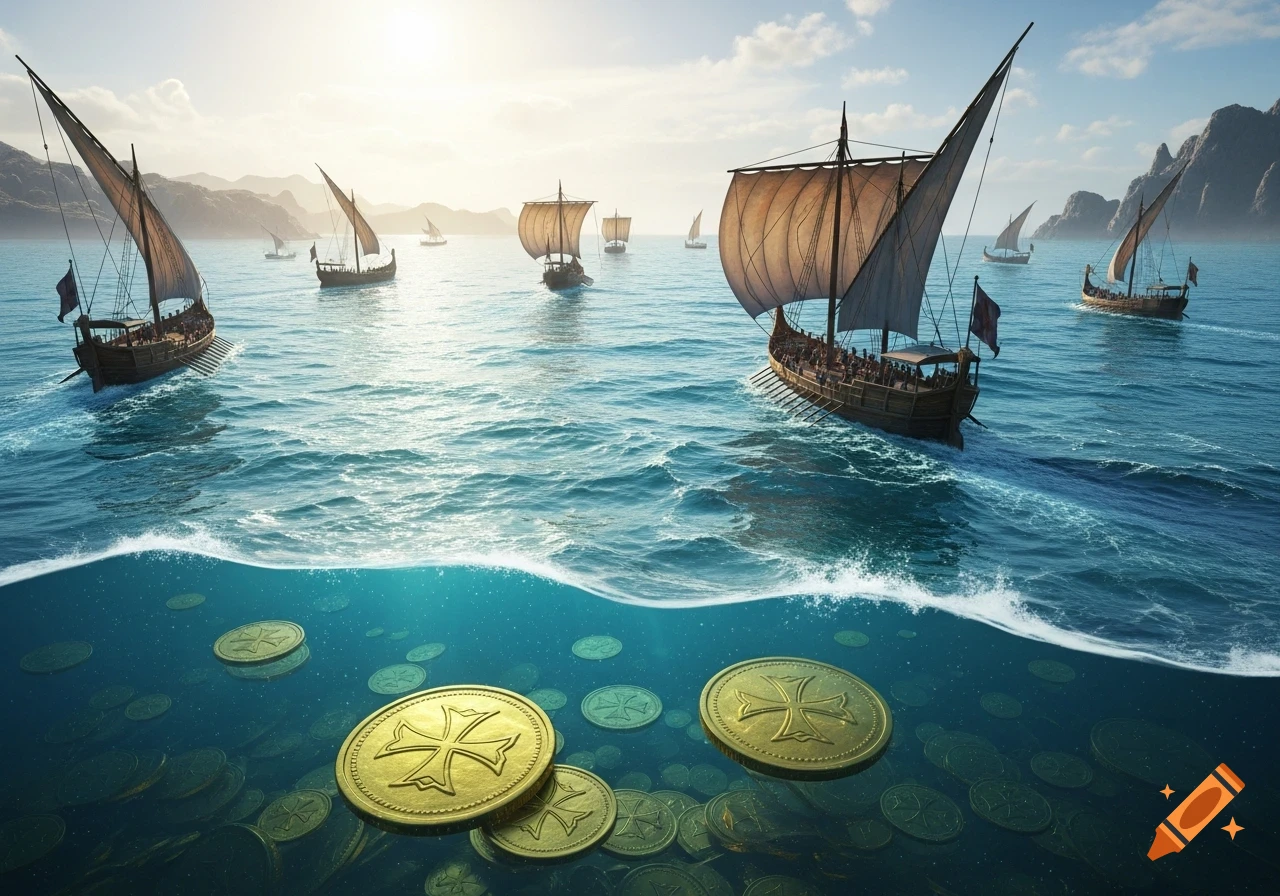 An epic split-level view of merchant ships sailing above and gold coins with crosses sunken below a clear blue sea, under a bright sky.