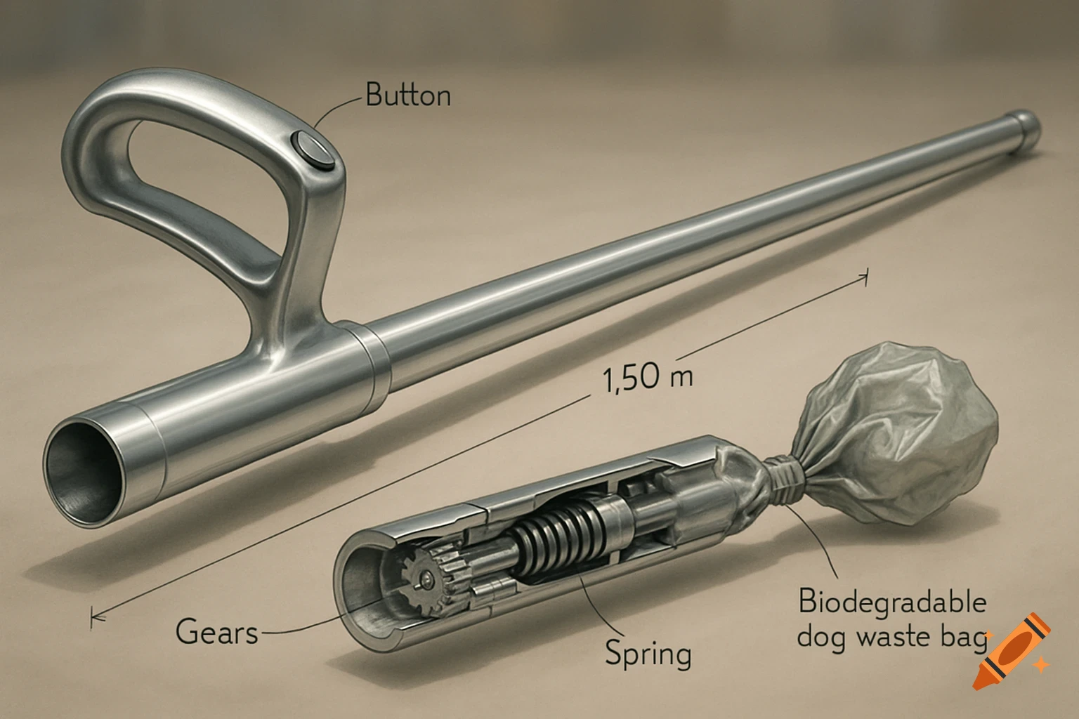 Detailed diagram of a 1.50m dog waste bag dispenser, highlighting its handle, button, internal gears, spring, and attached biodegradable bag.