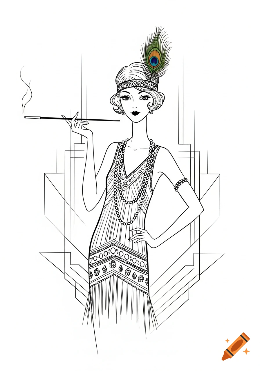 Whimsical line art sketch of a flapper in a dress with a peacock feather headband, holding a long cigarette holder.