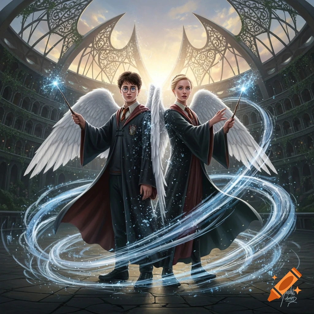 Harry Potter and Fleur Delacour, with angel wings, cast glowing spells in an ornate magical arena.